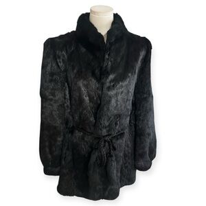 Elegant Black Fur Coat Tie Waist Embroidered Lining Rabbit Luxury M Vintage